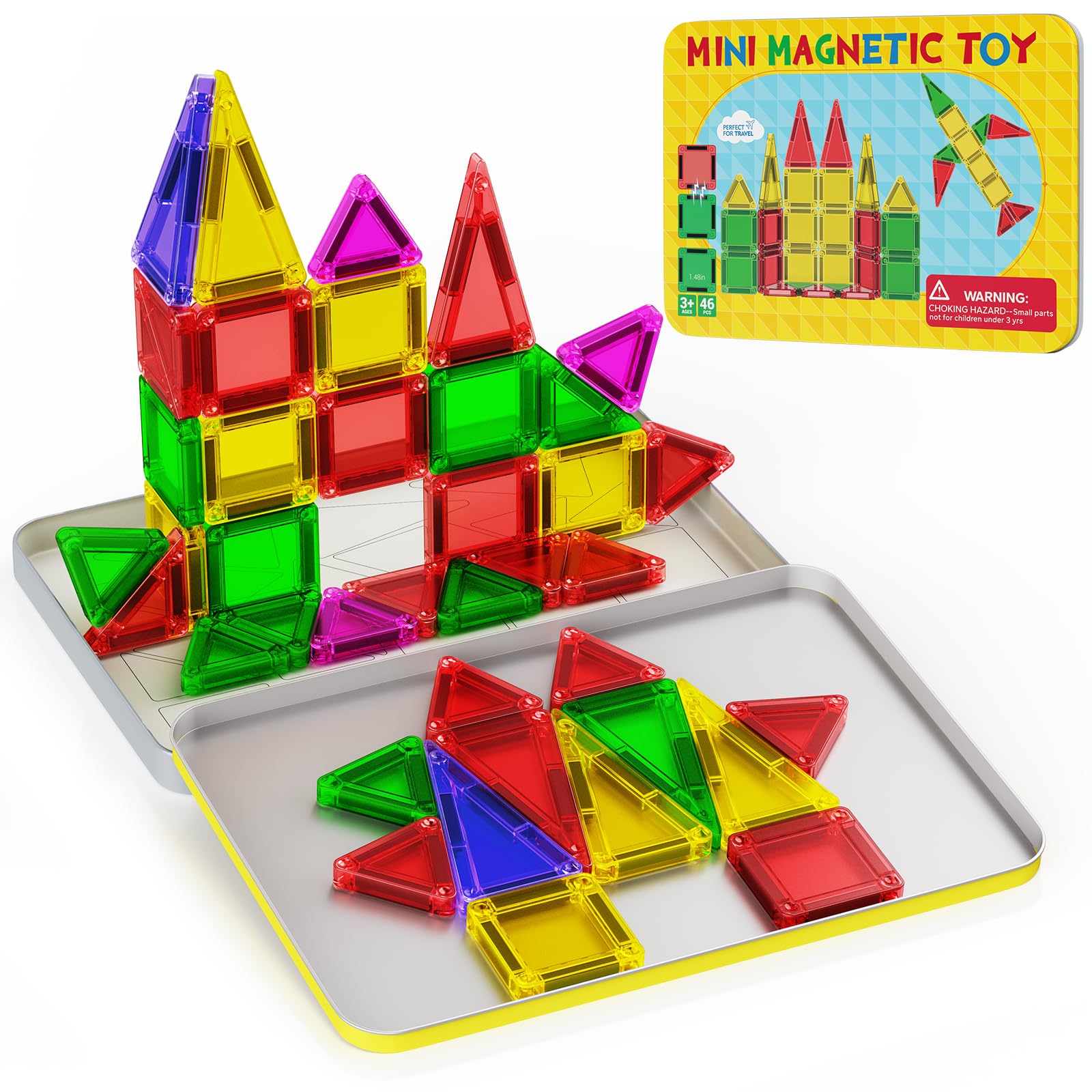 Anyeve 46PCS mini magnetic tiles travel case for portable learning and play on the go.