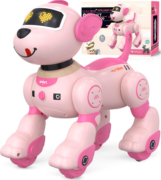 anysun pink remote control robot dog front view highlights interactive learning