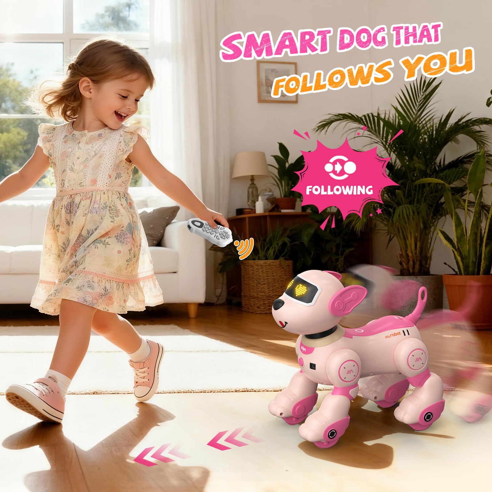 Anysun robot dog follows a child, simulating a real walking dog.