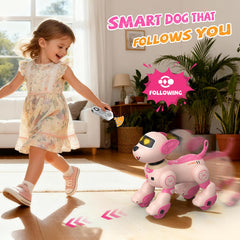 Anysun robot dog follows a child, simulating a real walking dog.