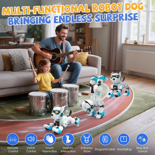 anysun robot dog led eyes closeup shows friendly expression for imaginative storytelling.
