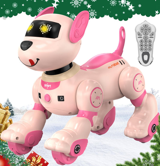 anysun robot dog pink with remote control demonstrates follow-me fun for kids.