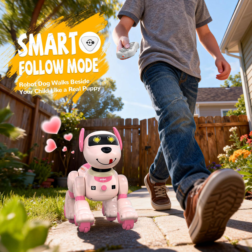 anysun robot dog pink uses touch sensors for reactive moments during play.