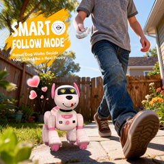 anysun robot dog pink uses touch sensors for reactive moments during play.