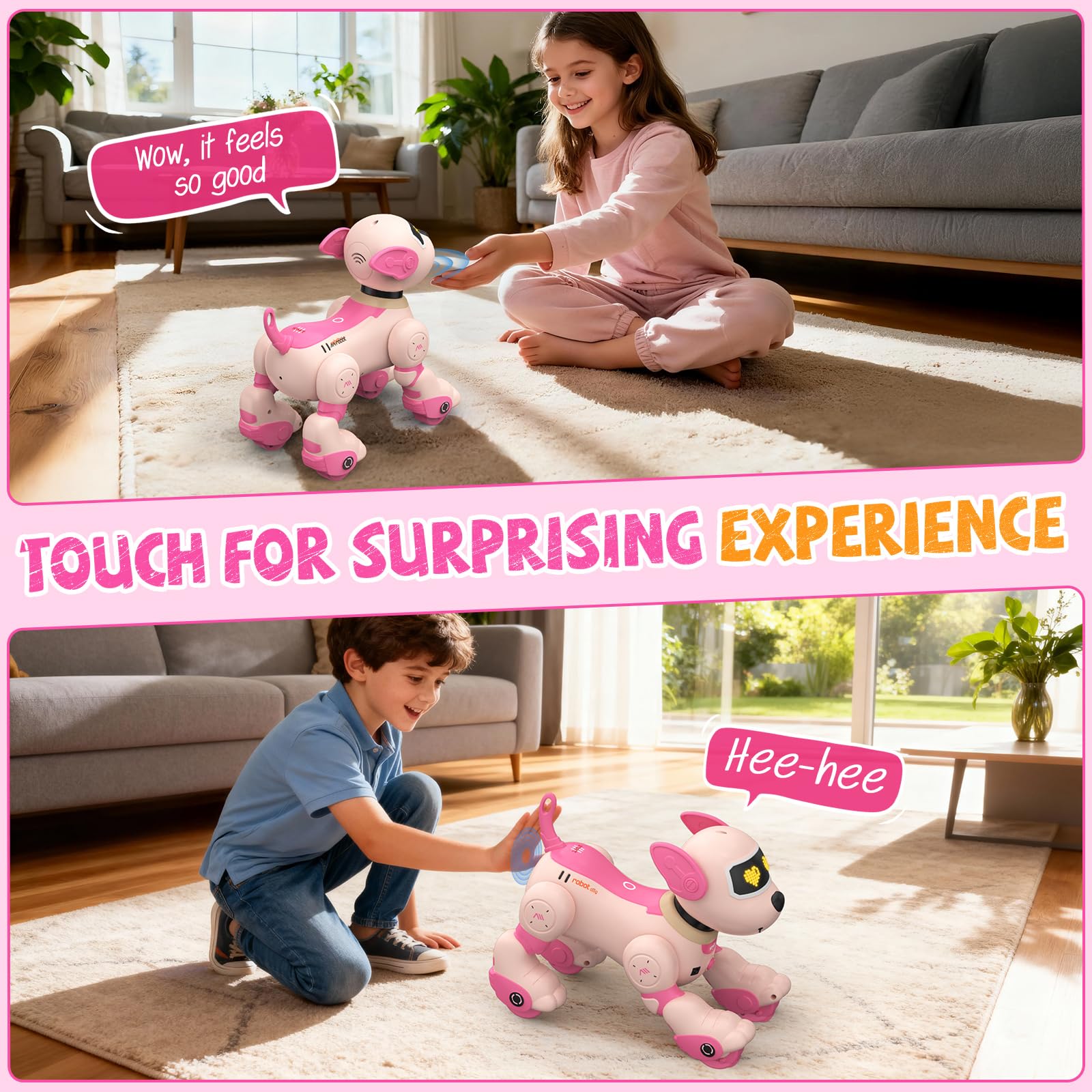 Anysun robot dog uses touch sensors to respond playfully.