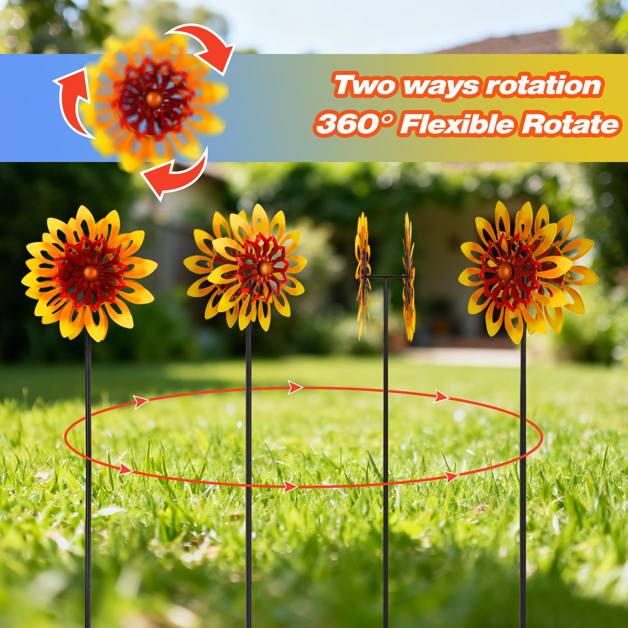 AnyTalk Sunflower Wind Spinner 62-inch height creates a striking focal point in outdoor spaces.