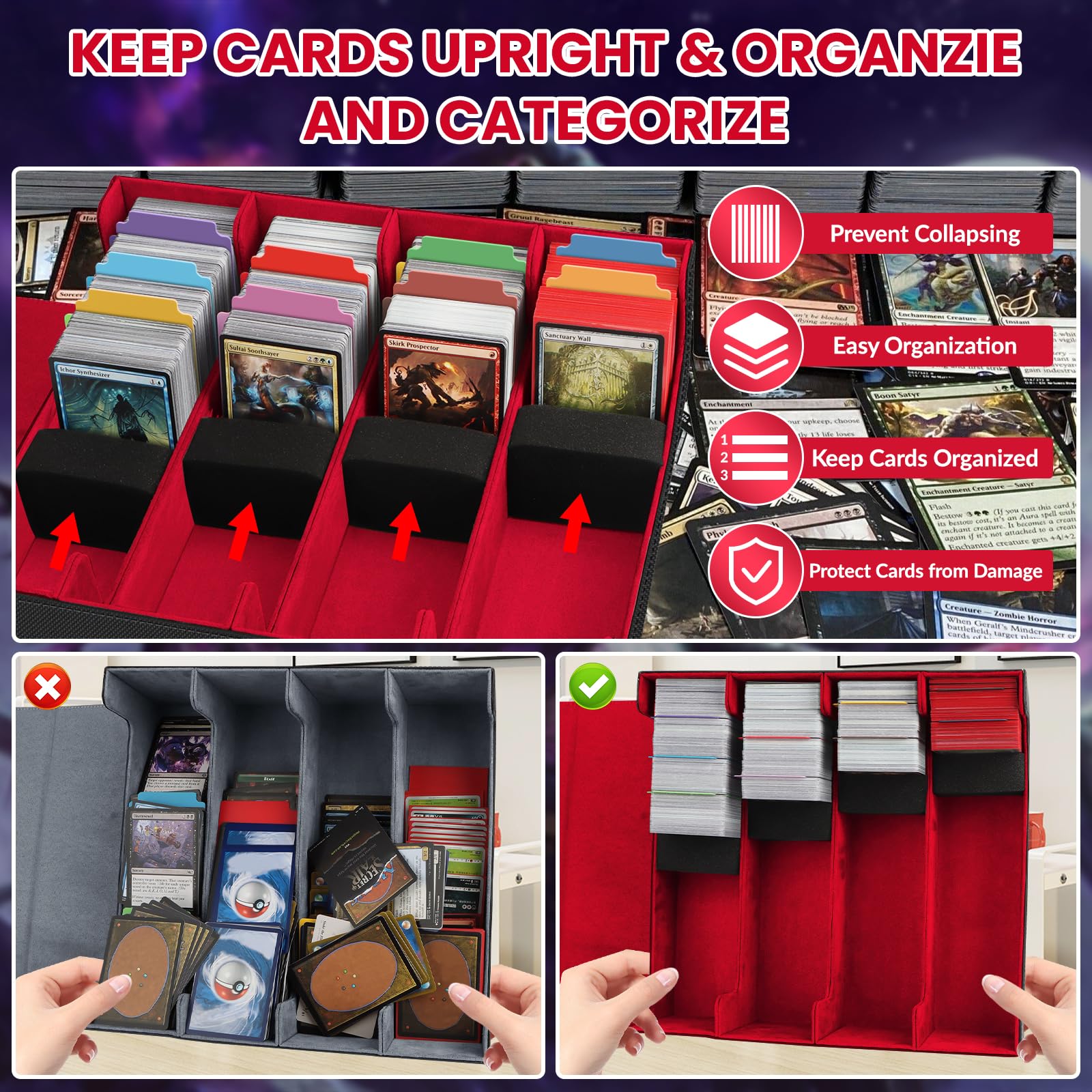 AOBOPLE trading card storage box foam-stoppers keep cards upright safely.