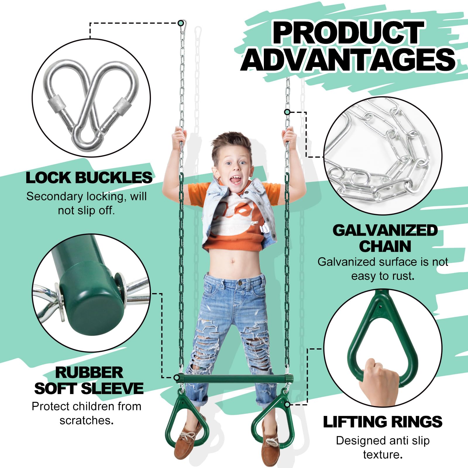 AOBOTE three-color trapeze bar fits swingsets, trees, or indoor ceilings.