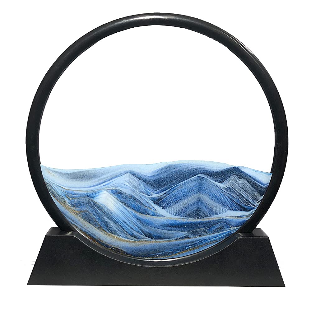 Aoderun moving sand art round glass 12 inch blue calms the mind at your desk