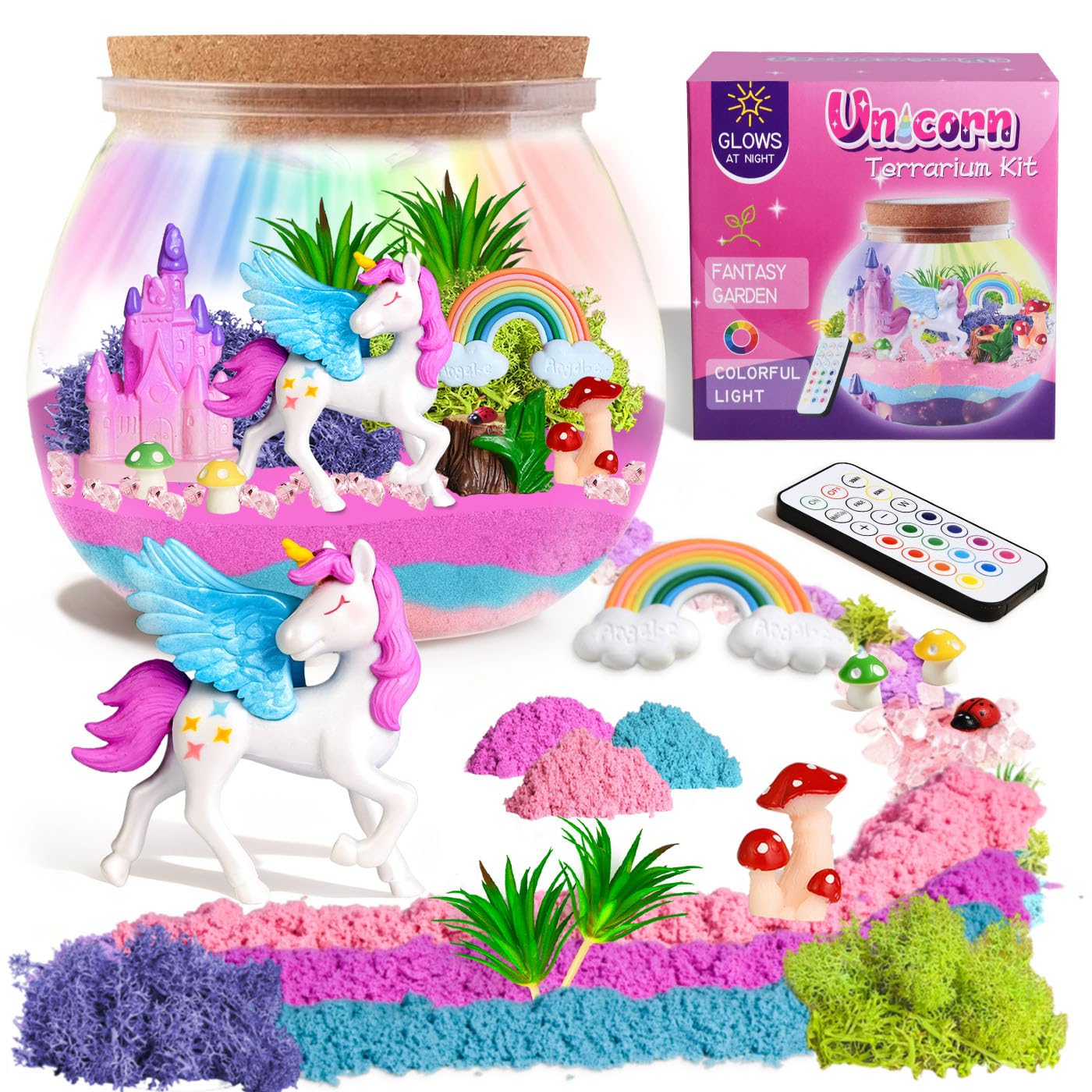 AOFEGRLT unicorn light-up terrarium kit with LED glow for imaginative play