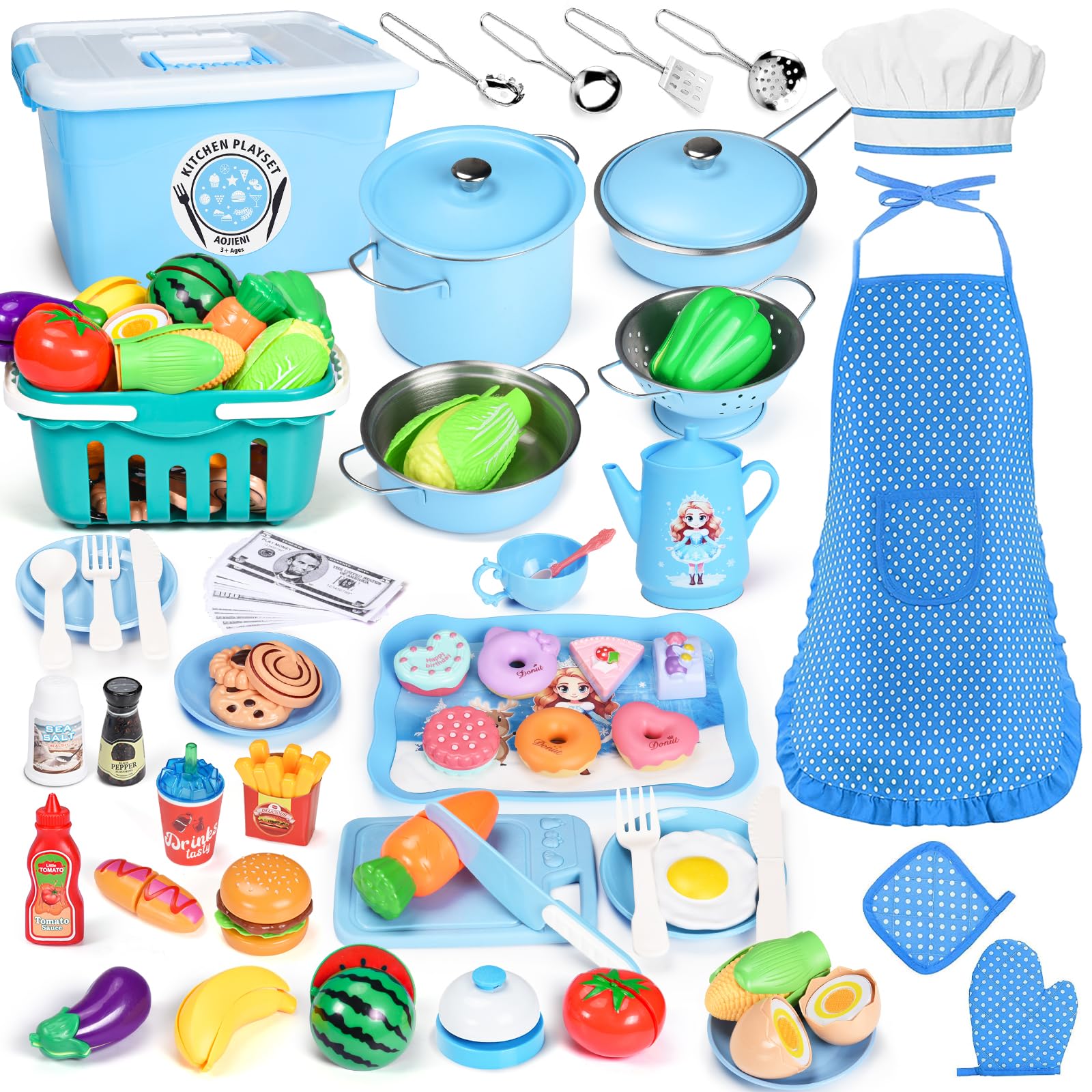 Aojieni 105Pcs kids kitchen playset pots and pans for realistic pretend cooking