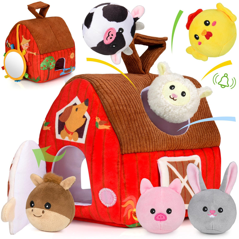 Aojieni Plush Surprise Barn with open doors inviting tactile exploration for infants