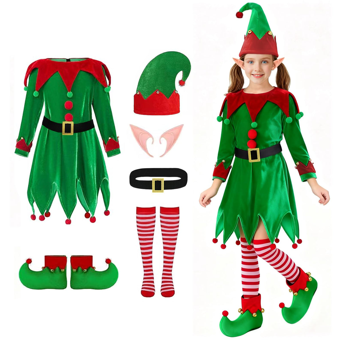 AOLIUP Christmas elf dress in green velvet for girls, cozy and festive for holidays.