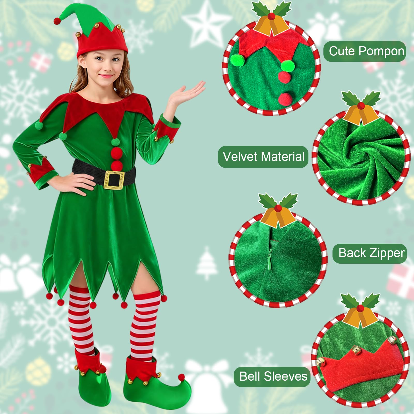 AOLIUP elf hat complements the dress for an adorable holiday look.