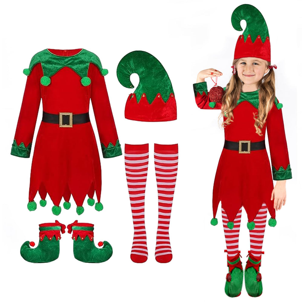 AOLIUP kids elf dress with velvet texture for a soft, festive look.