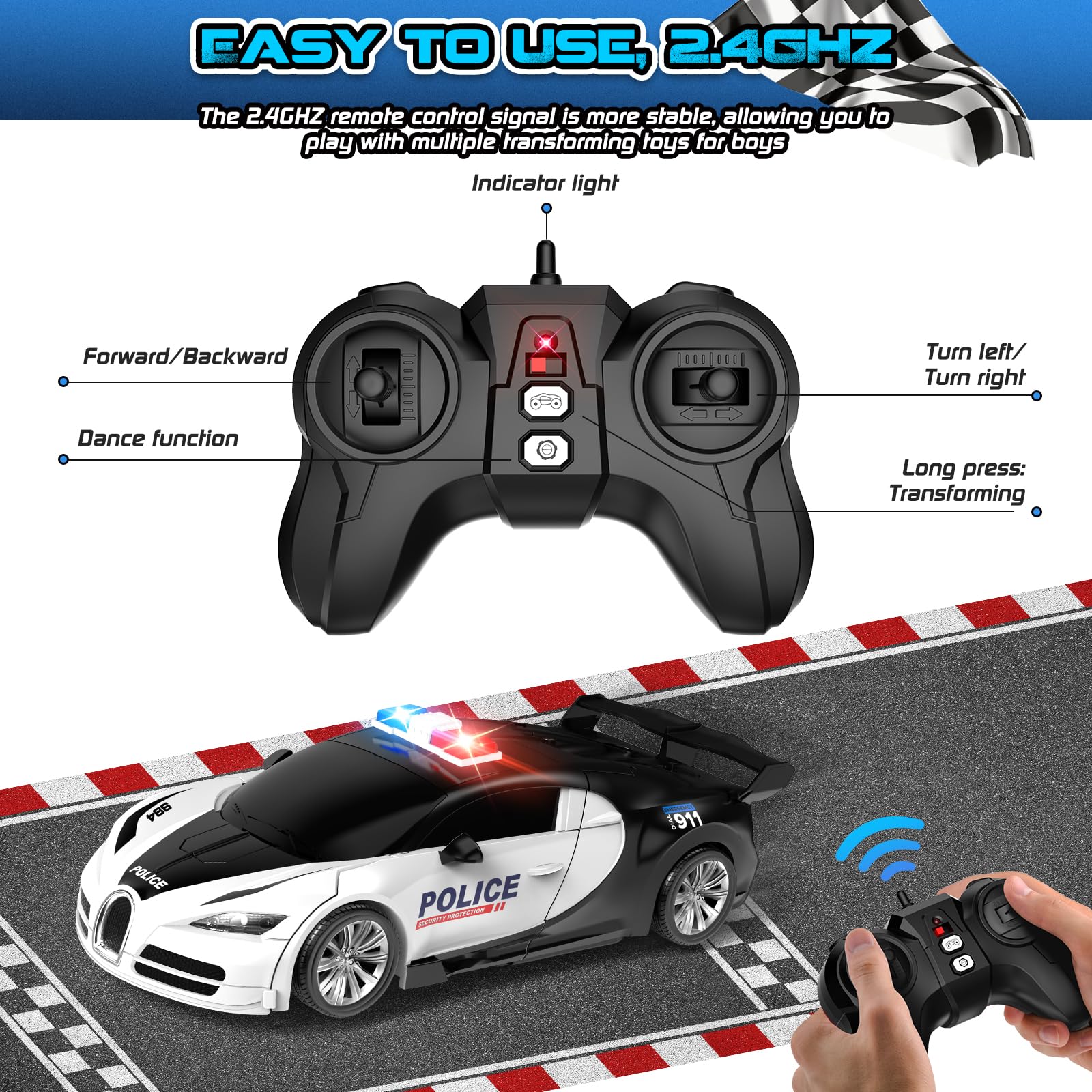 AONEPTR police-style LED accents boost the toy's appeal.
