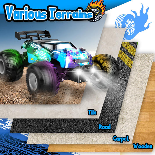 AONEPTR RC car side view showing rugged build for outdoor adventures