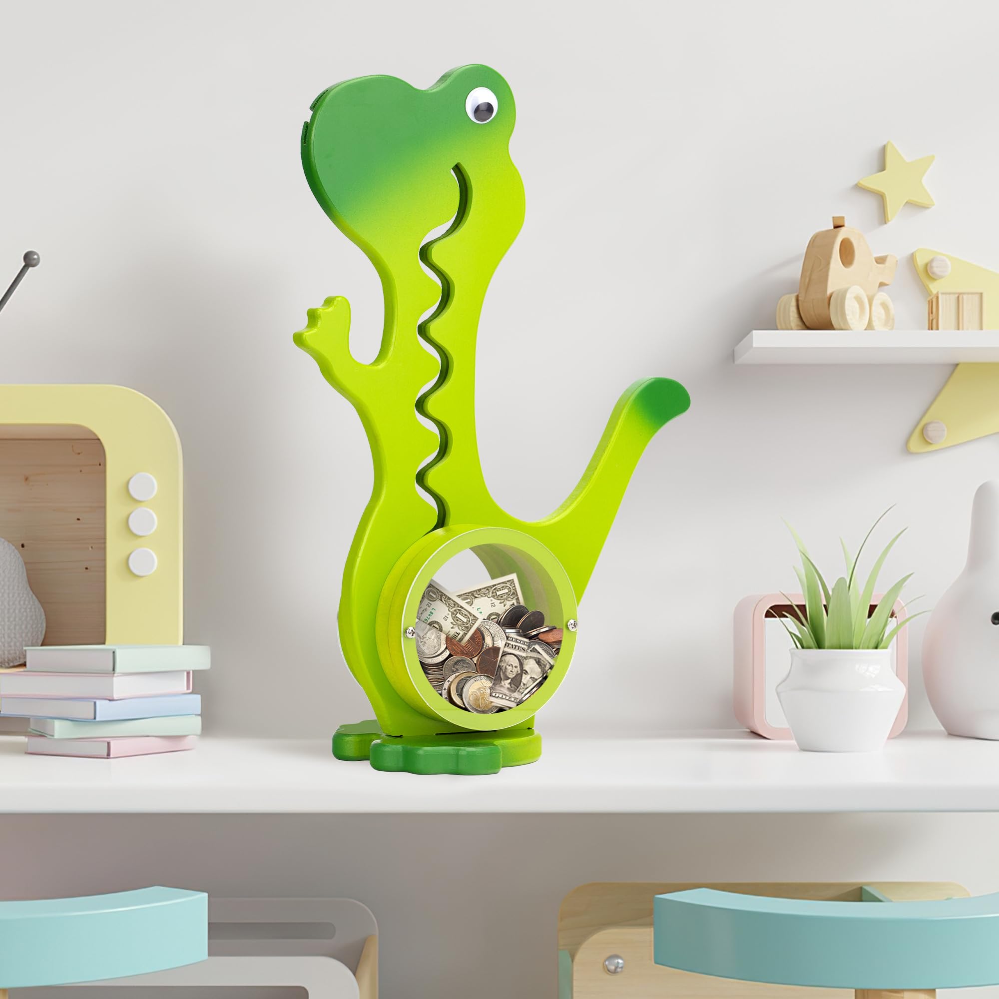 AORCMITN Dinosaur Piggy Bank measures 14.5 by 10 inches for desks.
