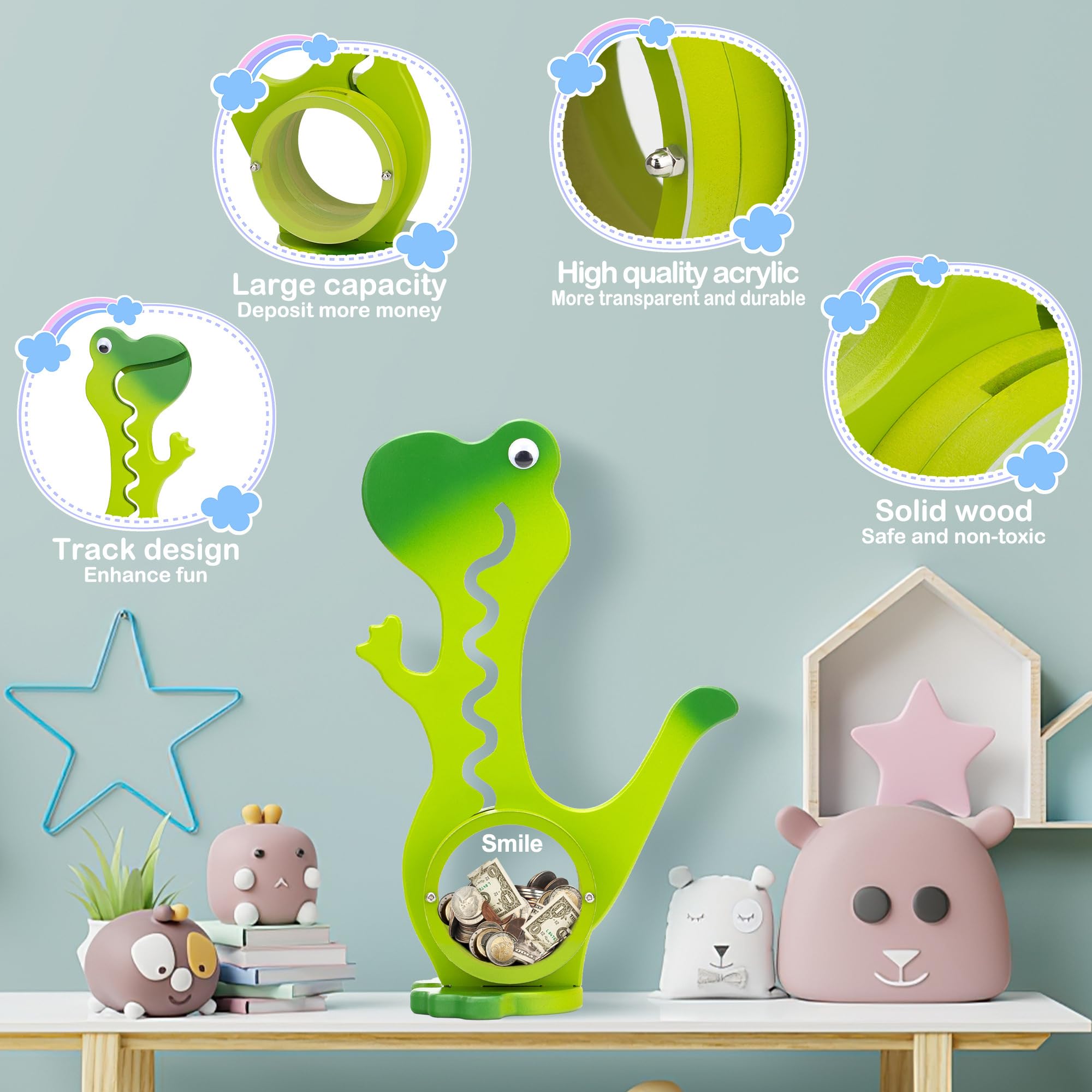 AORCMITN Dinosaur Piggy Bank wooden body emphasizes sturdy, kid-friendly design.