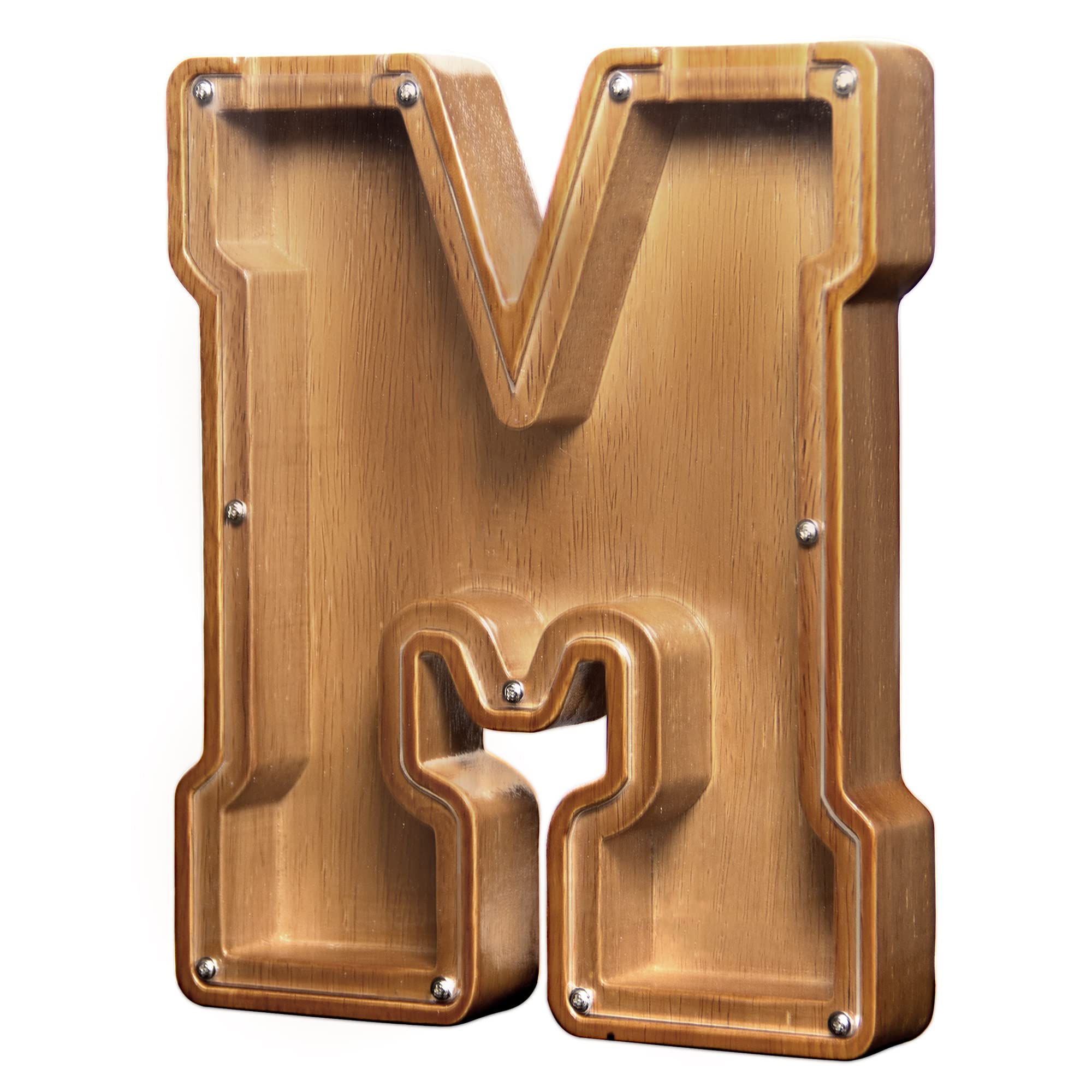 AORCMITN wooden letter piggy bank overall view highlighting natural craftsmanship and warmth