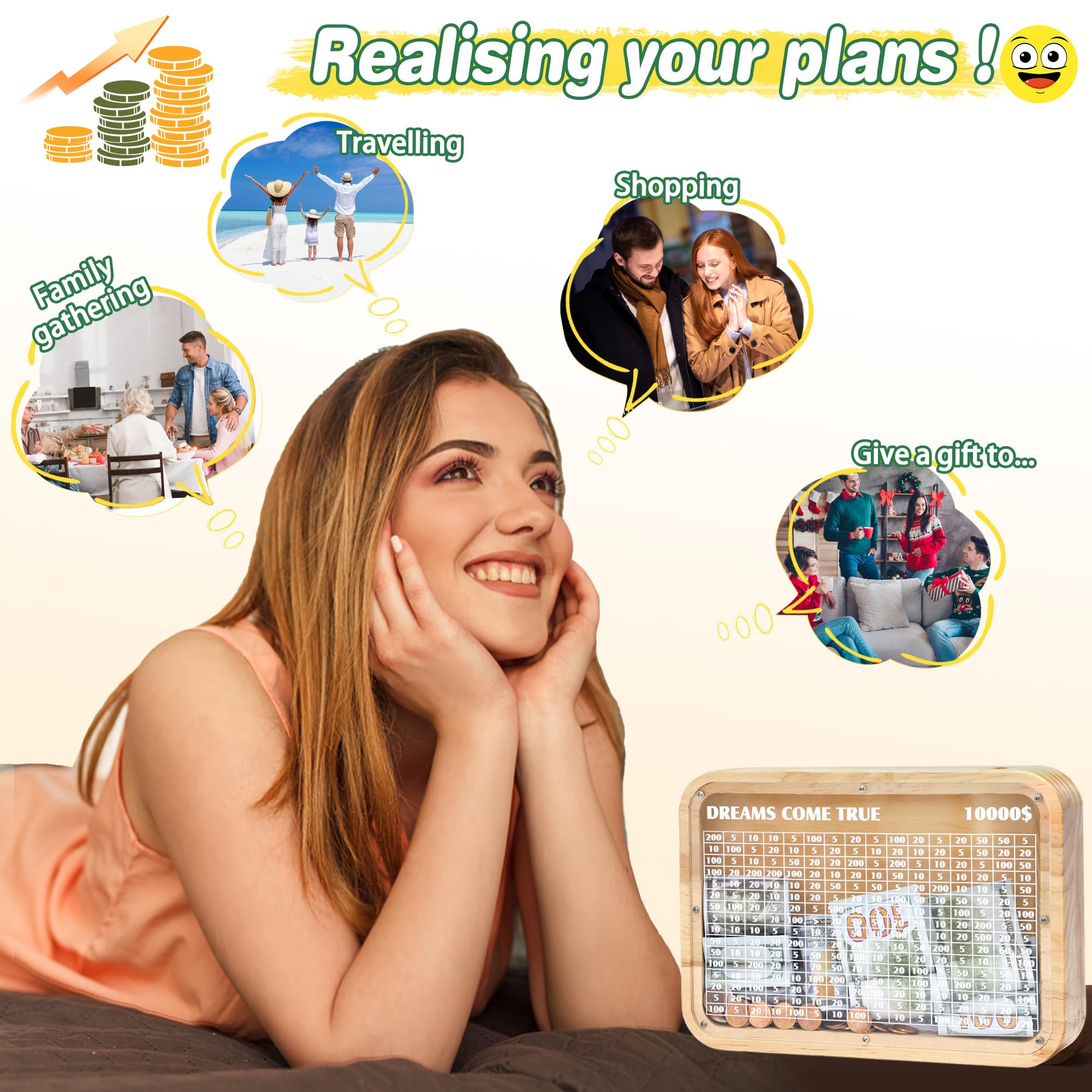 AORCMITN wooden 10000 money saving box display screen indicates savings total
