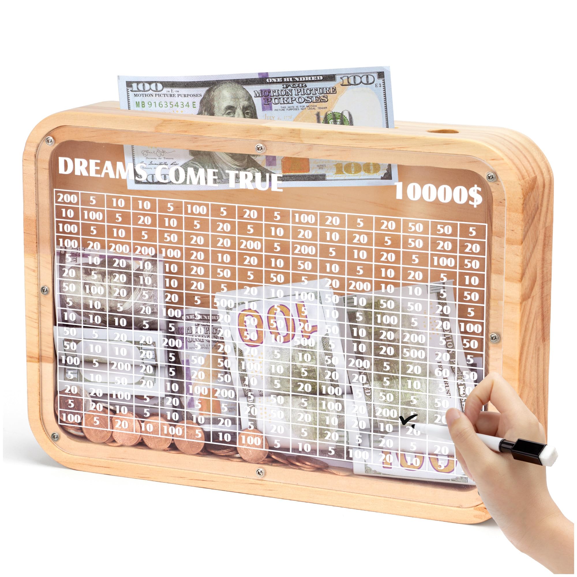 AORCMITN wooden 10000 money saving box front view shows warm wood and clear panels for tracking