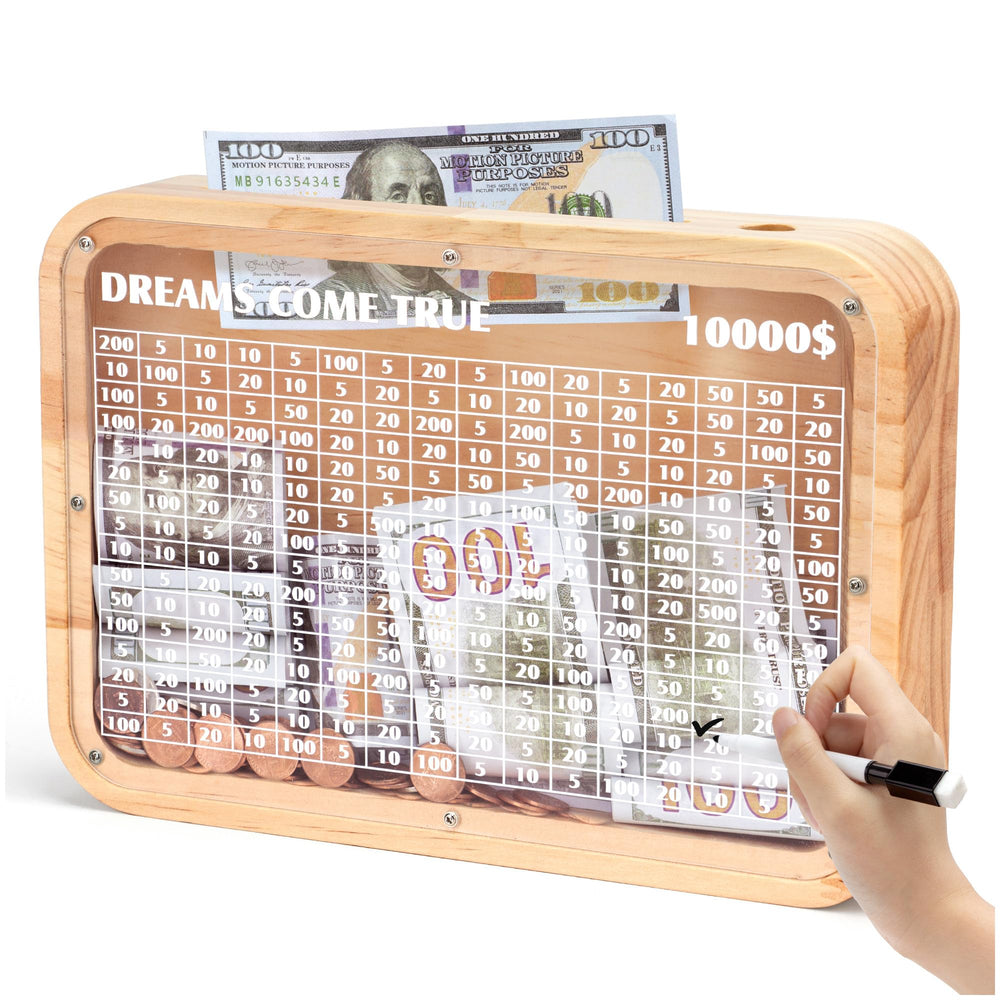 AORCMITN wooden 10000 money saving box front view shows warm wood and clear panels for tracking