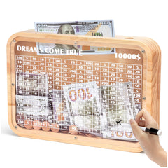 AORCMITN wooden 10000 money saving box front view shows warm wood and clear panels for tracking