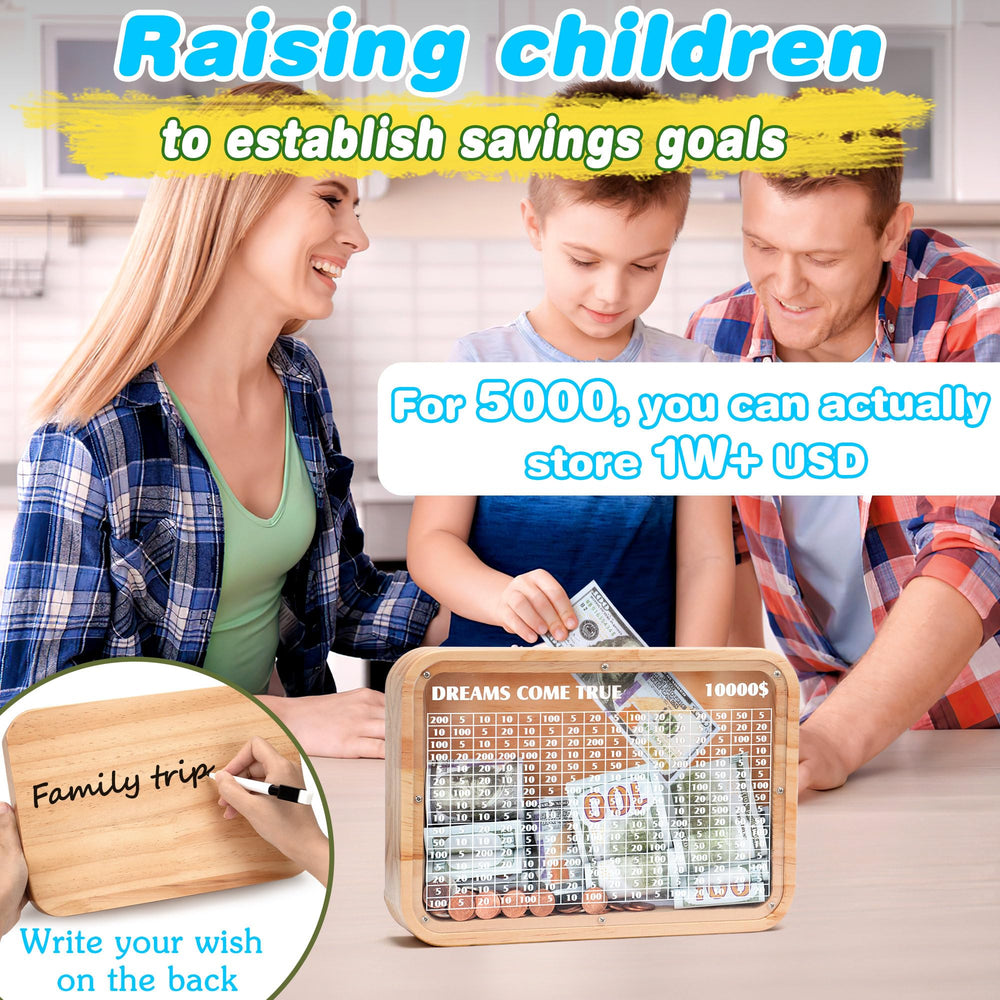 AORCMITN wooden 10000 money saving box inside view reveals coin and bill slots