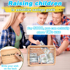 AORCMITN wooden 10000 money saving box inside view reveals coin and bill slots