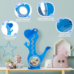 AORCMITN wooden dinosaur piggy bank with plexiglass belly reveals the coin track progress.