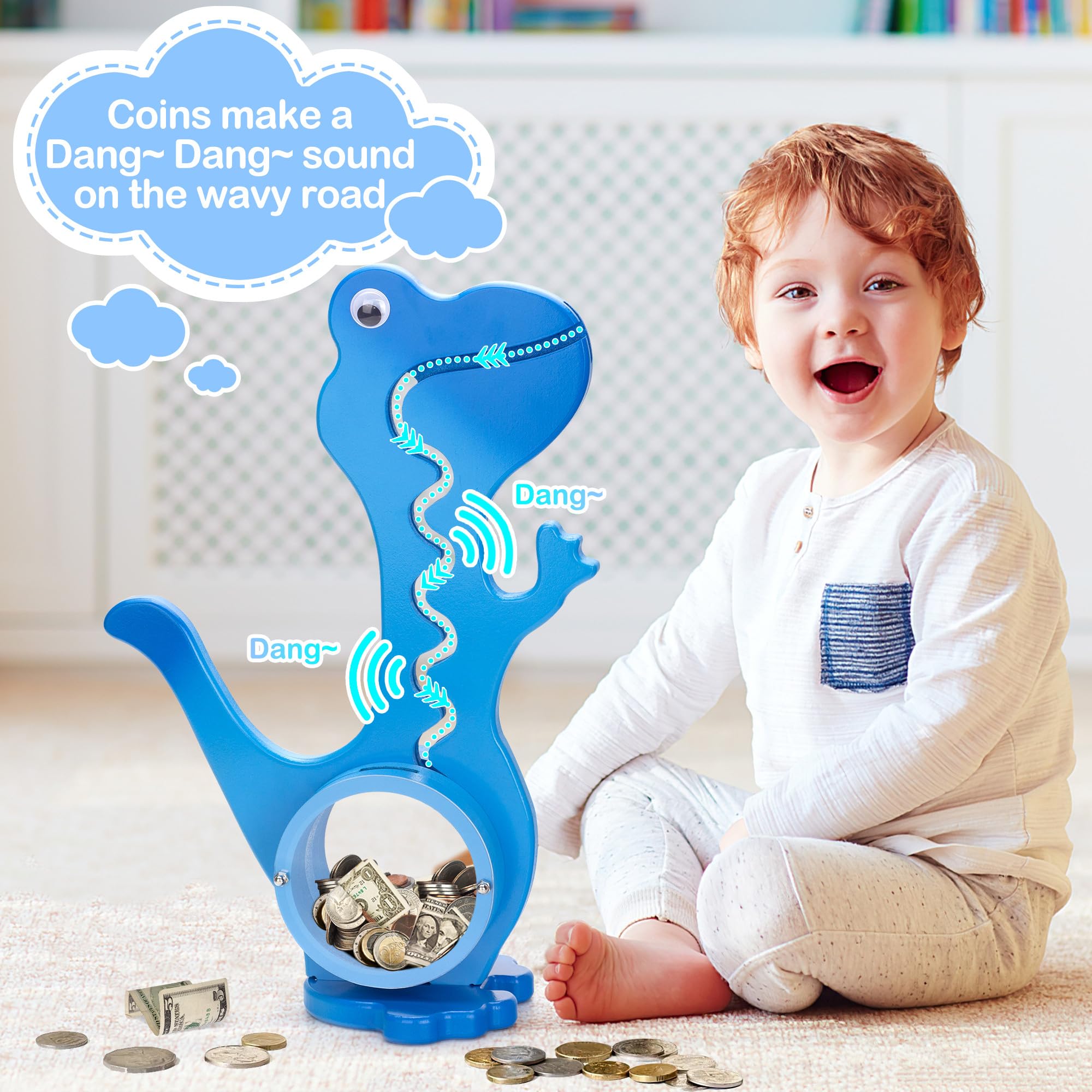 AORCMITN dinosaur piggy bank includes a name sticker for personalization.