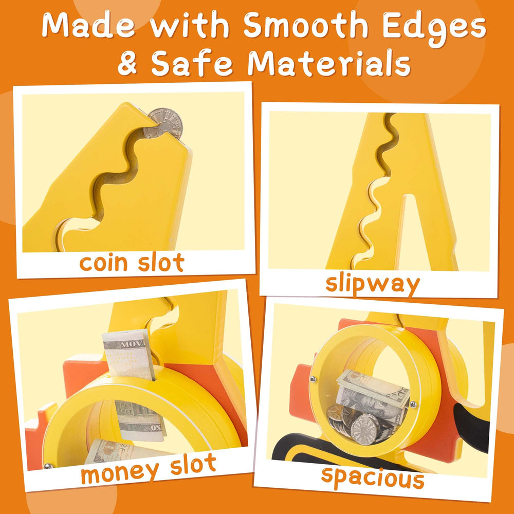 AORCMITN wooden excavator piggy bank coin-entry mouth for easy deposits.