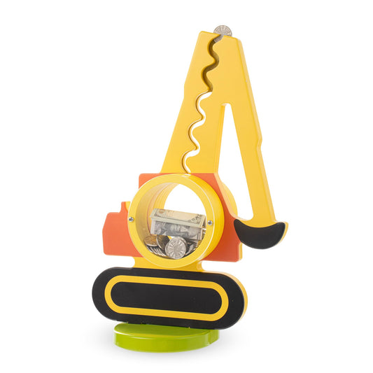 AORCMITN wooden excavator piggy bank front view, inviting kids to save with playful design.