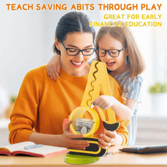 AORCMITN wooden excavator piggy bank with transparent belly for visible savings.