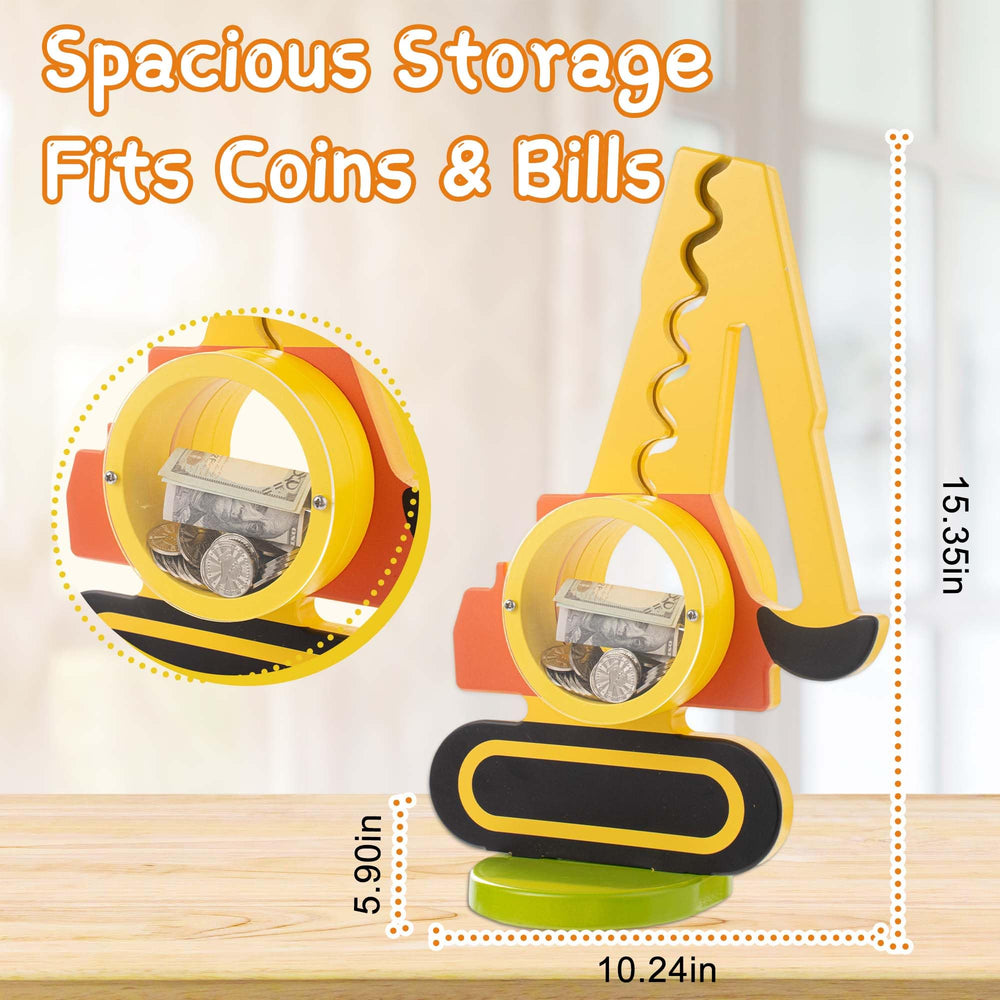 AORCMITN wooden excavator piggy bank includes bonus name stickers for personalization.