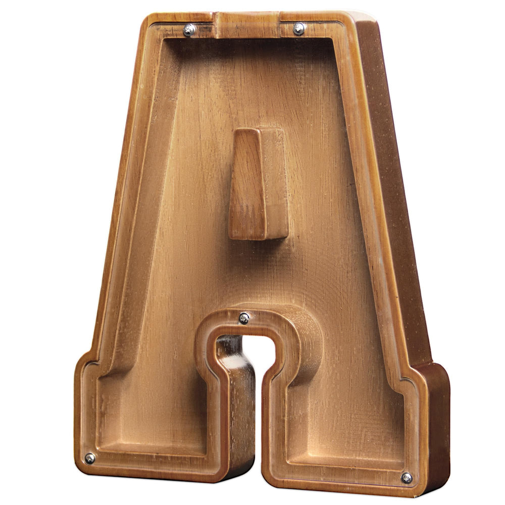 AORCMITN wooden letter piggy bank front view showing pine texture and durability for kids