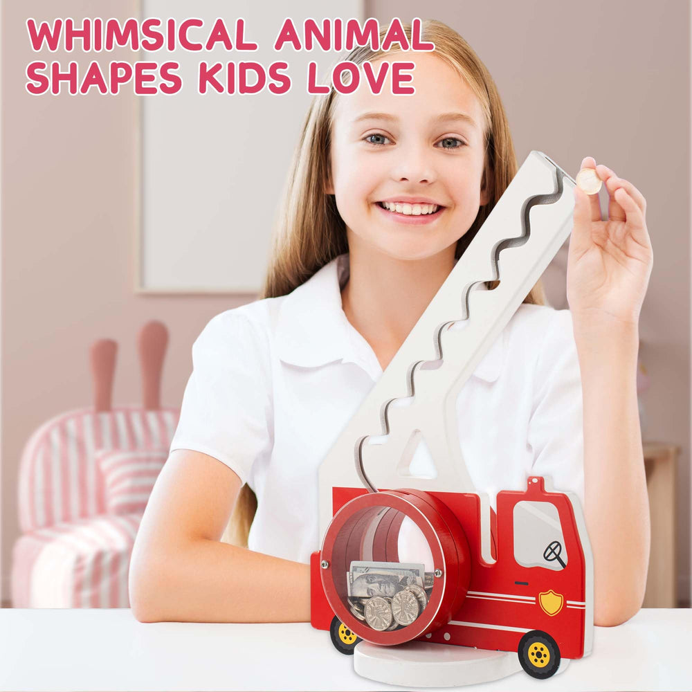 AORCMITN wooden fire truck piggy bank dimensions 14.5 by 10 inches for sturdy display