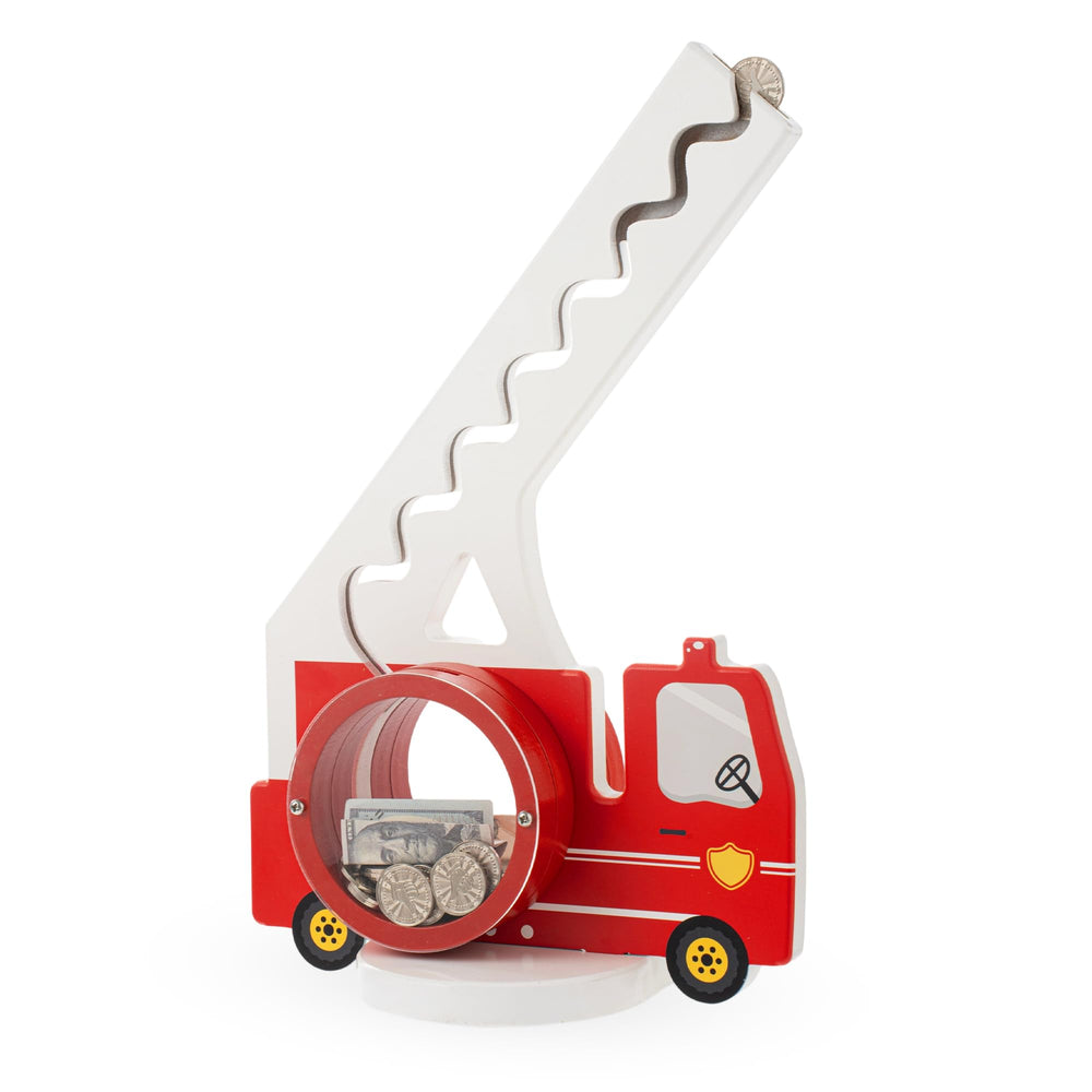 AORCMITN wooden fire truck piggy bank front view encourages early saving with a kid-friendly design