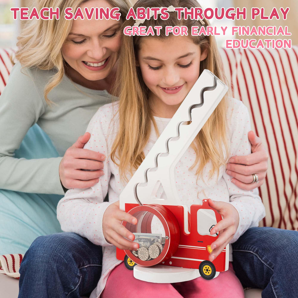 AORCMITN wooden fire truck piggy bank open mouth with coin demonstrates tactile feeding and motor skills