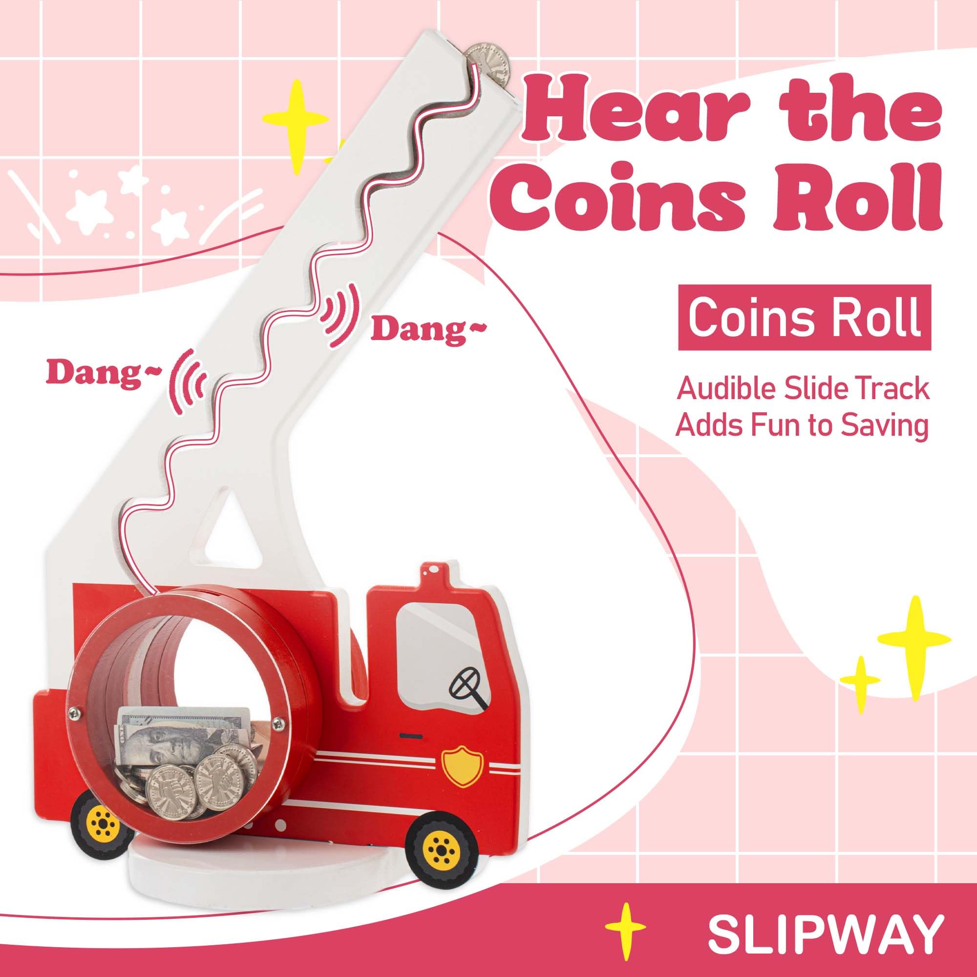 AORCMITN wooden fire truck piggy bank side view shows sturdy wood frame and playful charm