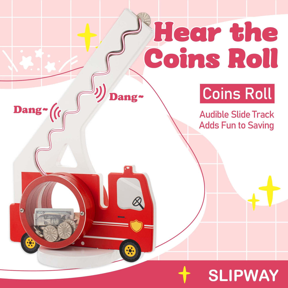 AORCMITN wooden fire truck piggy bank side view shows sturdy wood frame and playful charm