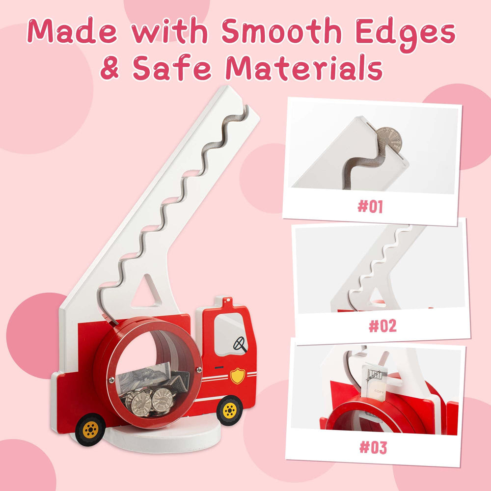 AORCMITN wooden fire truck piggy bank transparent belly for visual savings tracking