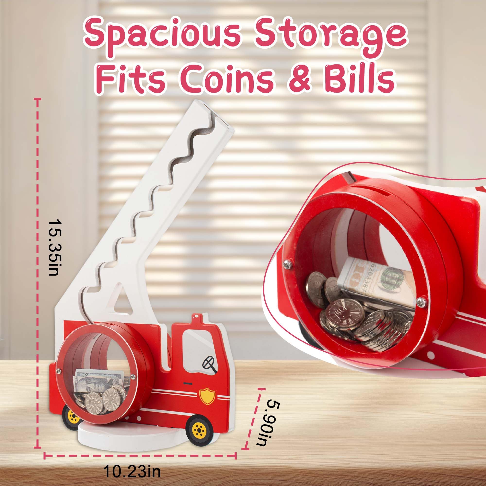 AORCMITN wooden fire truck piggy bank includes name stickers for personalization