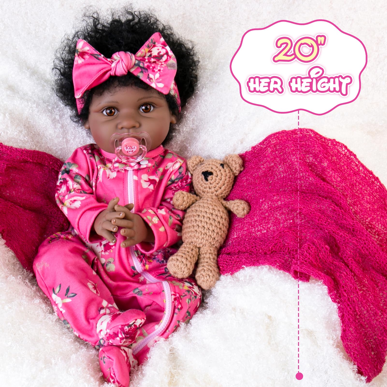 Aori Black Reborn Baby Doll soft vinyl limbs enable poseable cuddly play.