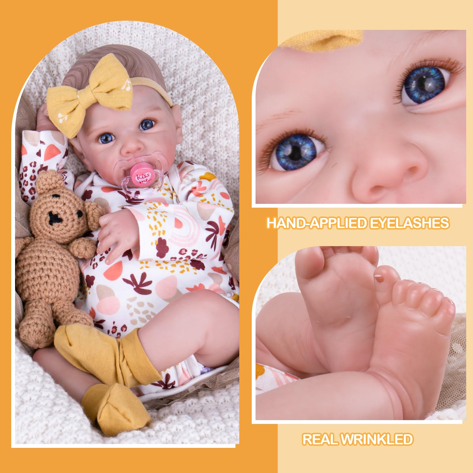 Aori doll includes magnetic pacifier and bottle for realistic daily routines.