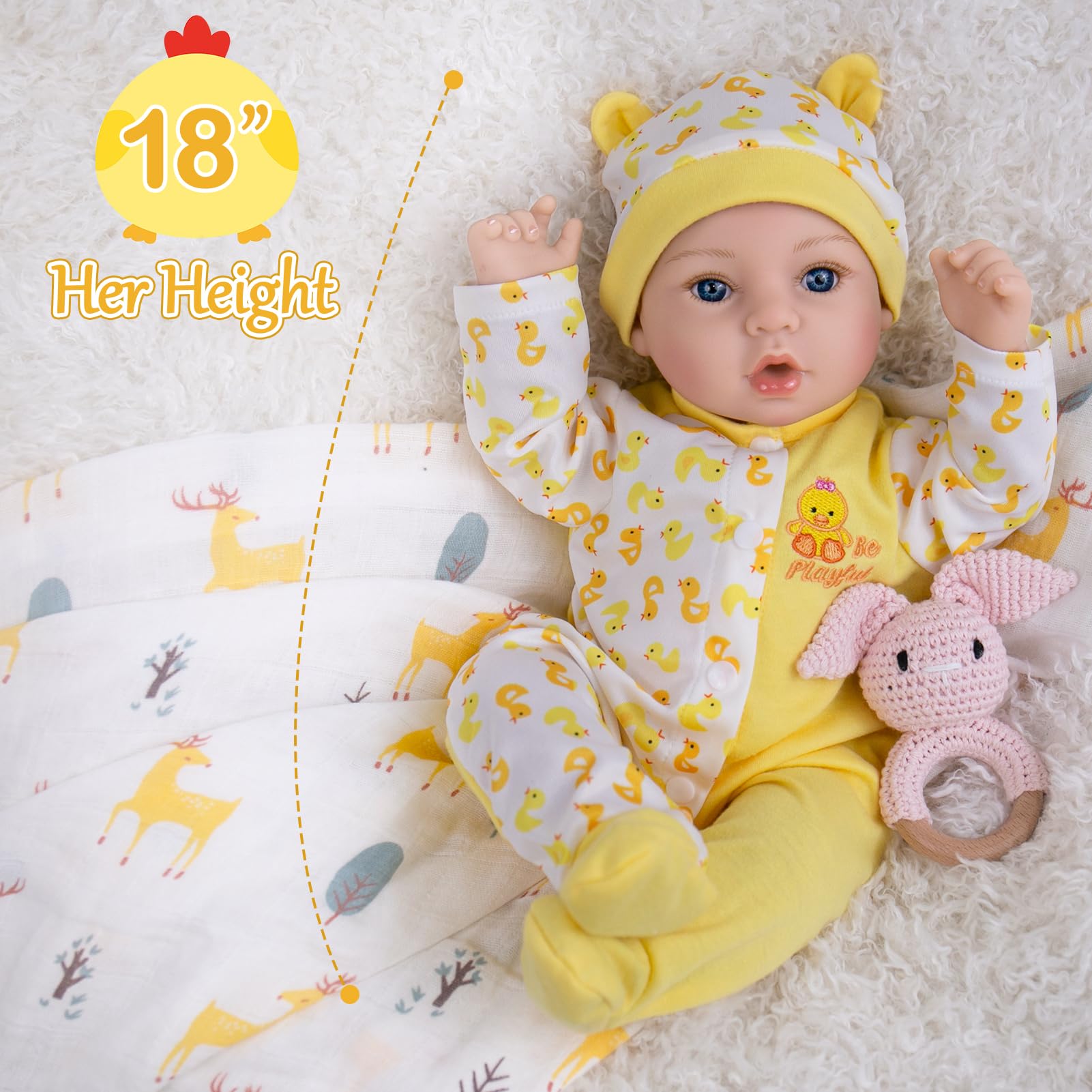 Aori doll in yellow onesie and hat promotes imaginative play.