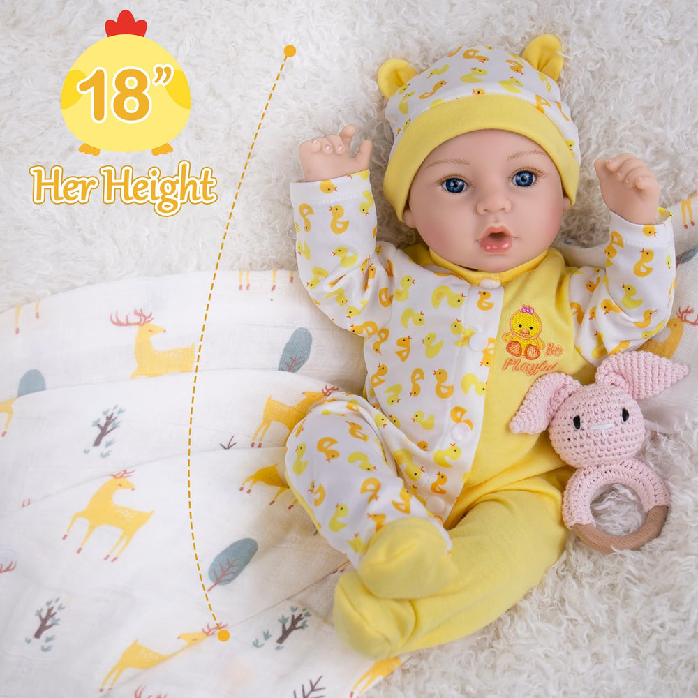 Aori doll in yellow onesie and hat promotes imaginative play.