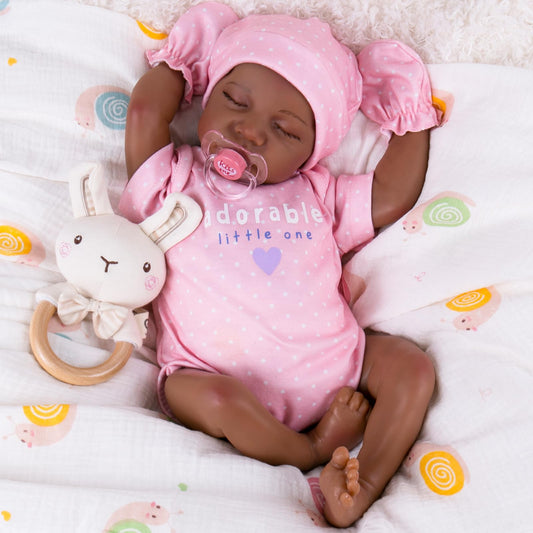 Aori lifelike reborn baby doll black 18-inch face for nurturing play and realism.
