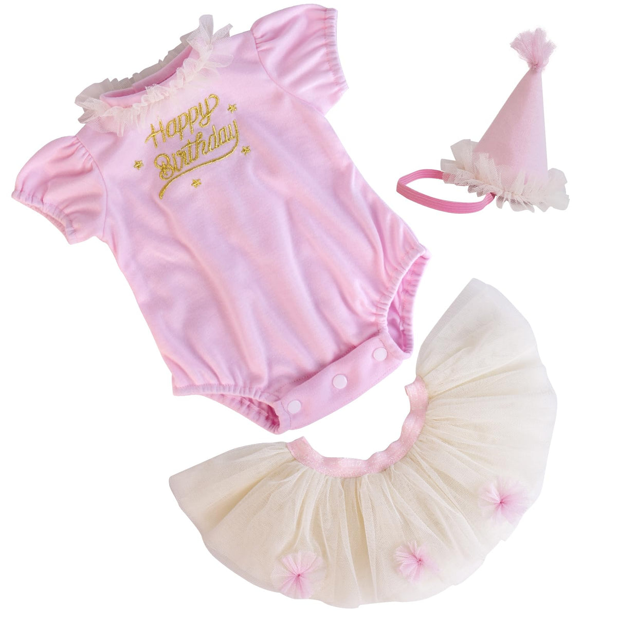 Aori Reborn 3-piece birthday set for 17–20 inch dolls, pink bodysuit, ideal for celebrations.